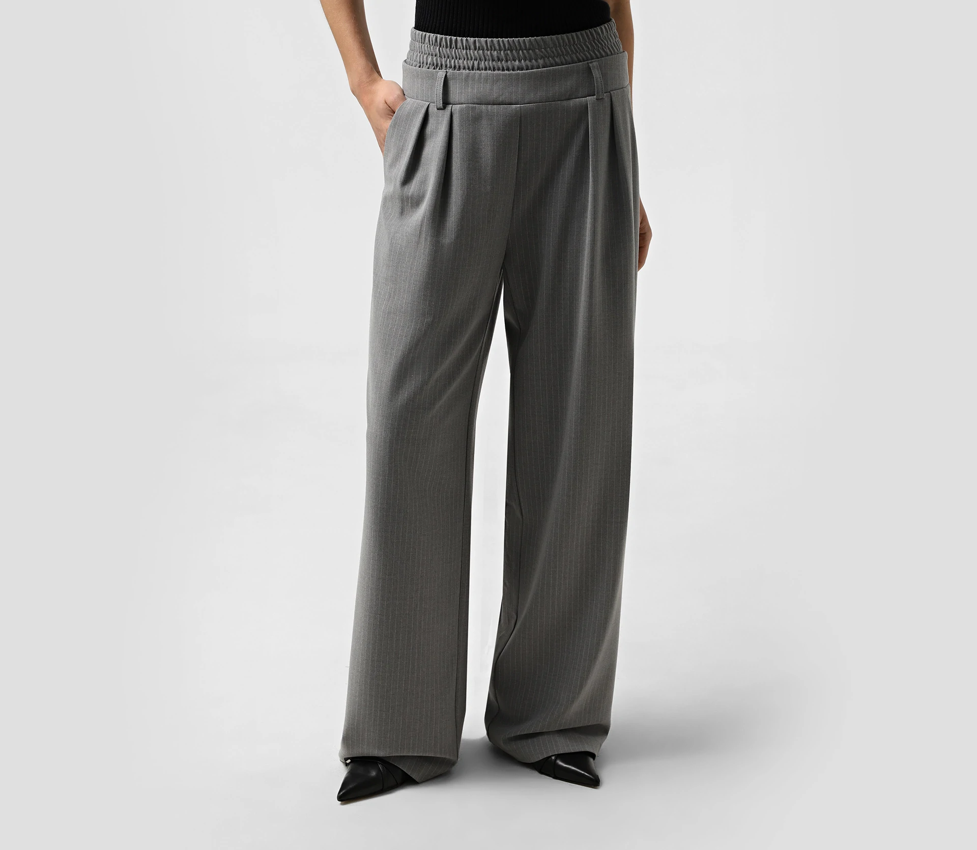 Штани-палаццо з імітацією шортів на резинці сірий - фото №4 Штани-палаццо з імітацією шортів на резинці сірий недорого