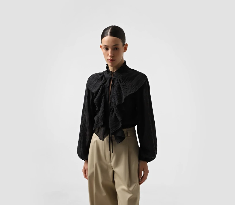 Блуза напівпрозора із завʼязкою на горловині чорний - фото №4 Блуза напівпрозора із завʼязкою на горловині чорний акції