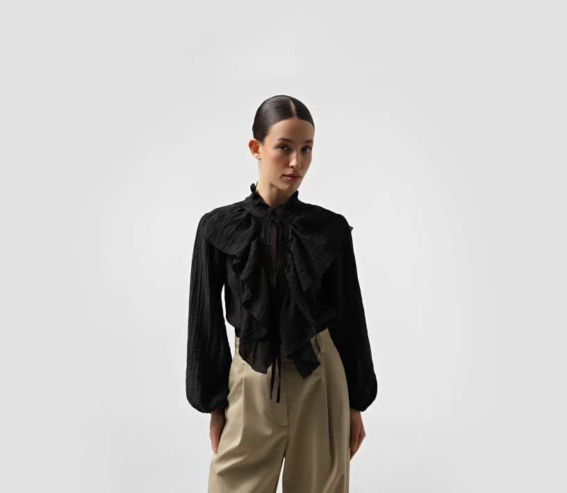 Блуза напівпрозора із завʼязкою на горловині чорний - фото №2 Блуза напівпрозора із завʼязкою на горловині чорний ціна