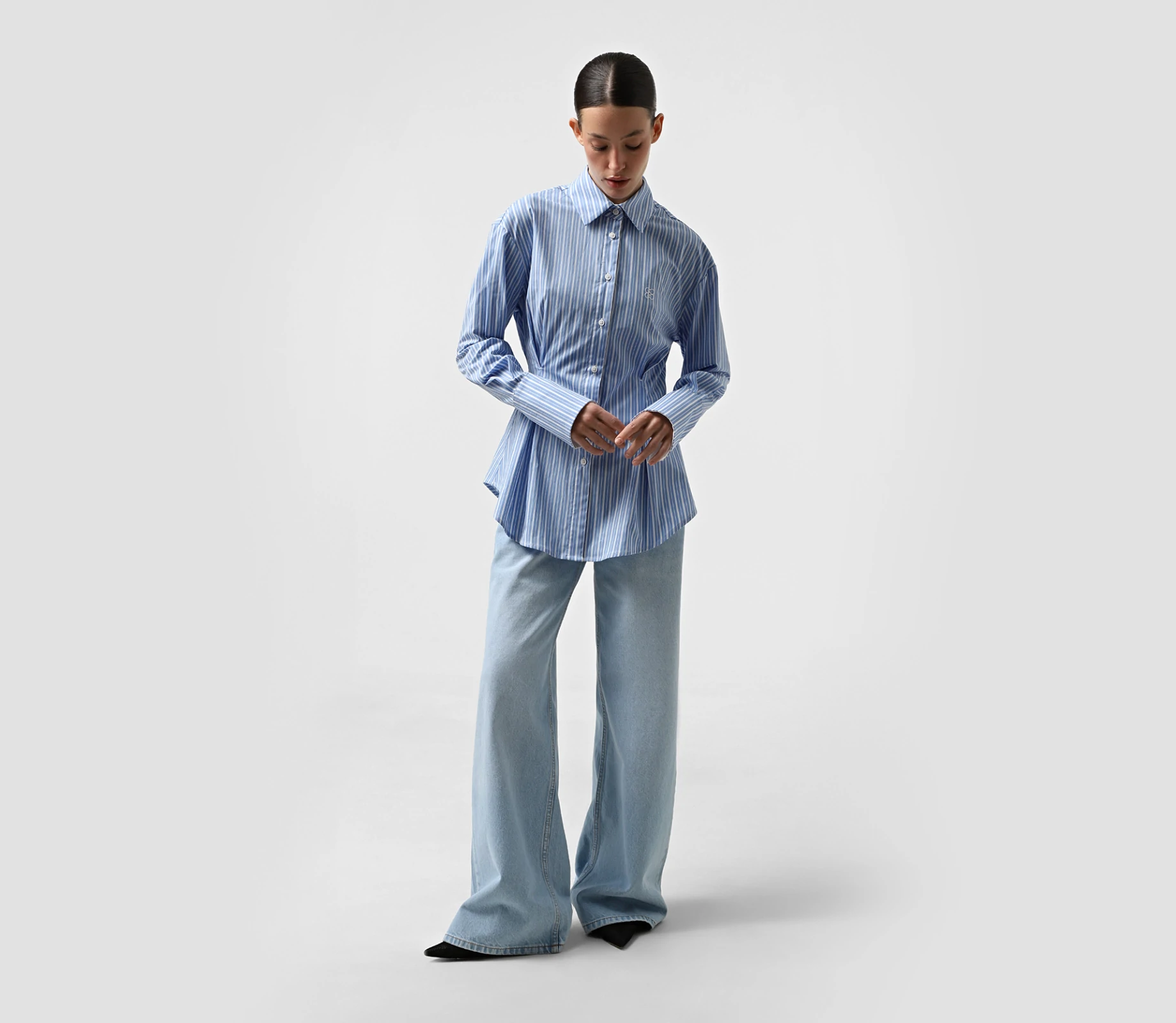 Сорочка в смужку із защипами блакитний - фото №4 Сорочка в смужку із защипами блакитний cher17