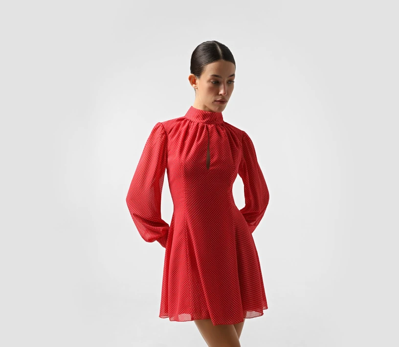 Сукня шифон міні довгий рукав крапля червоний в білий горох недорого