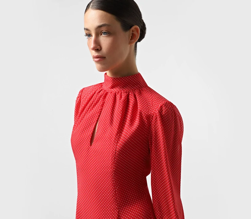 Сукня шифон міні довгий рукав крапля червоний в білий горох замовити