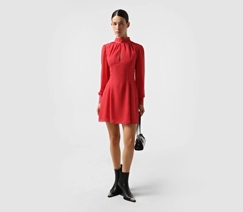 Сукня шифон міні довгий рукав крапля червоний в білий горох знижки