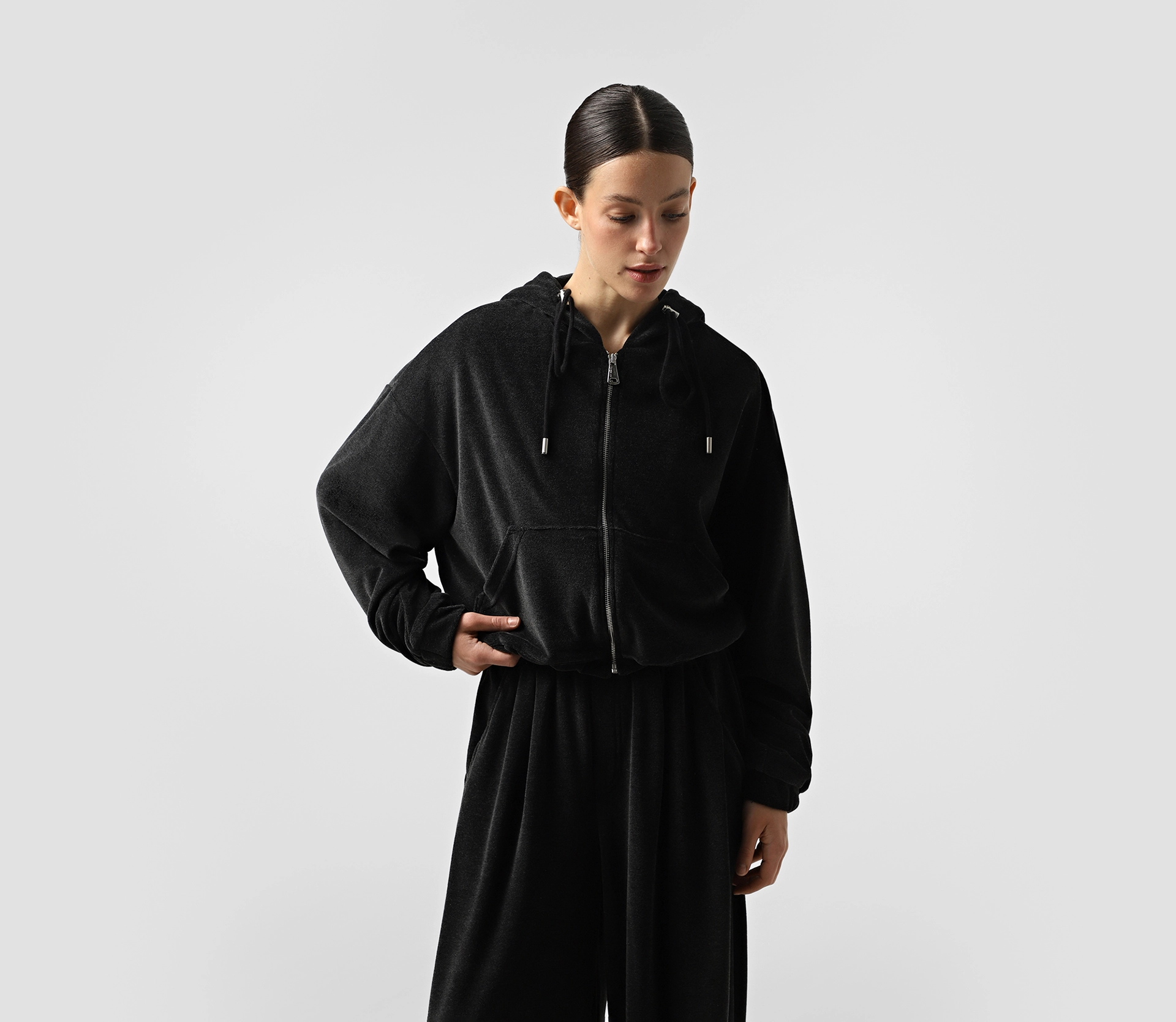 Костюм спортивний кроп худі широкі штани графіт замовити