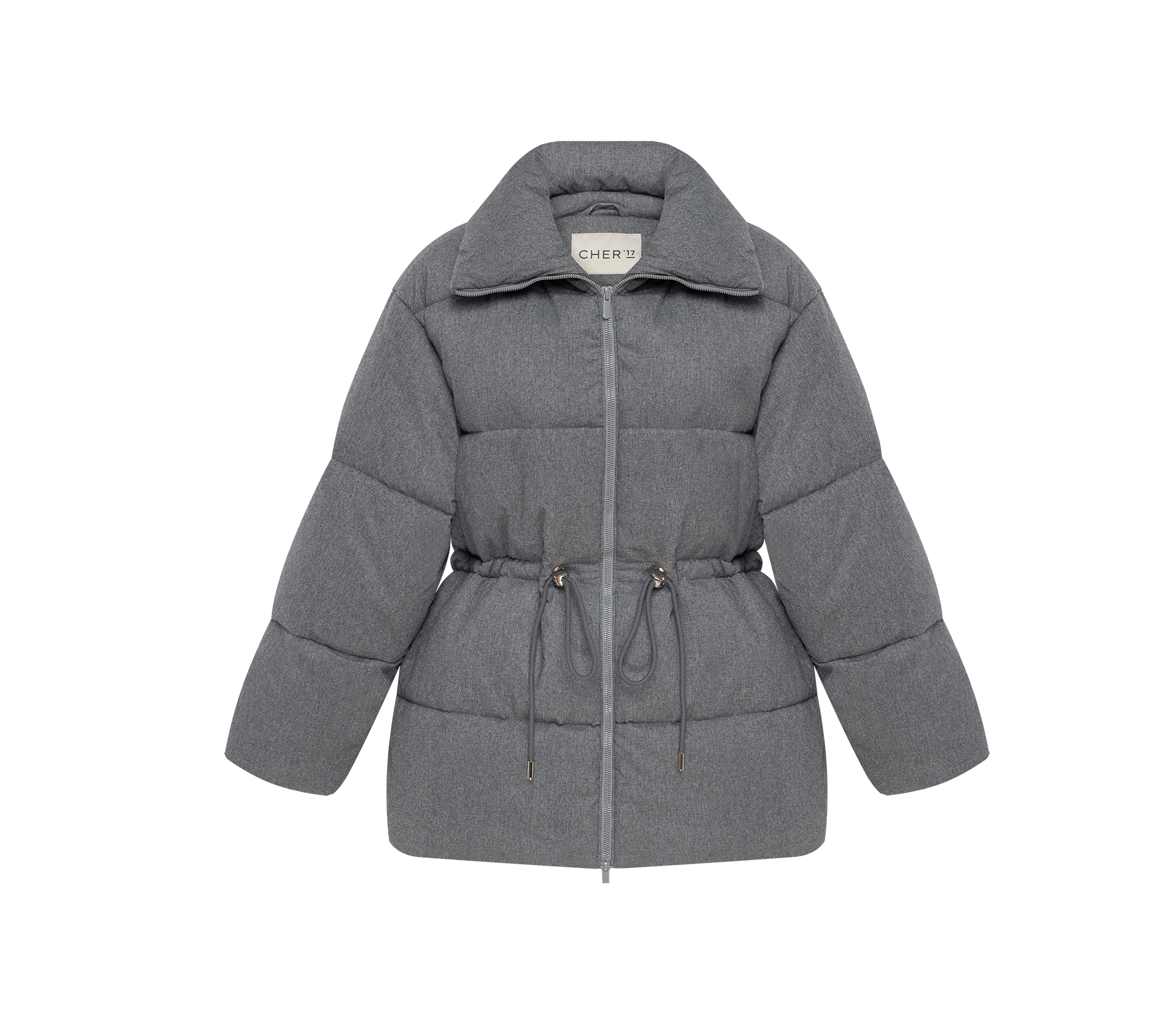 Пуховик середньої довжини з кулісою сірий замовити