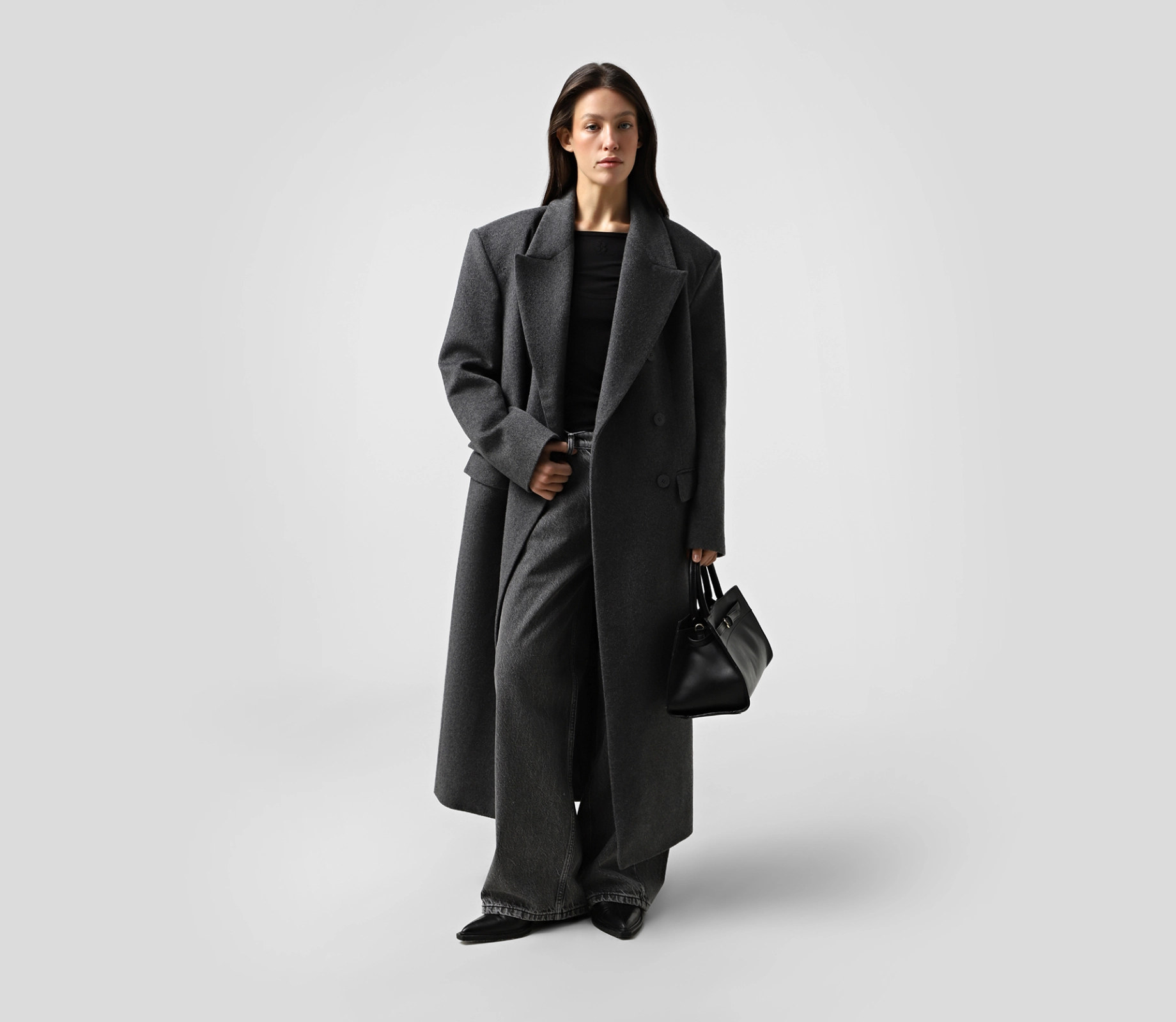 Пальто довге з подвійними клапанами сірий Пальто довге з подвійними клапанами сірий фото