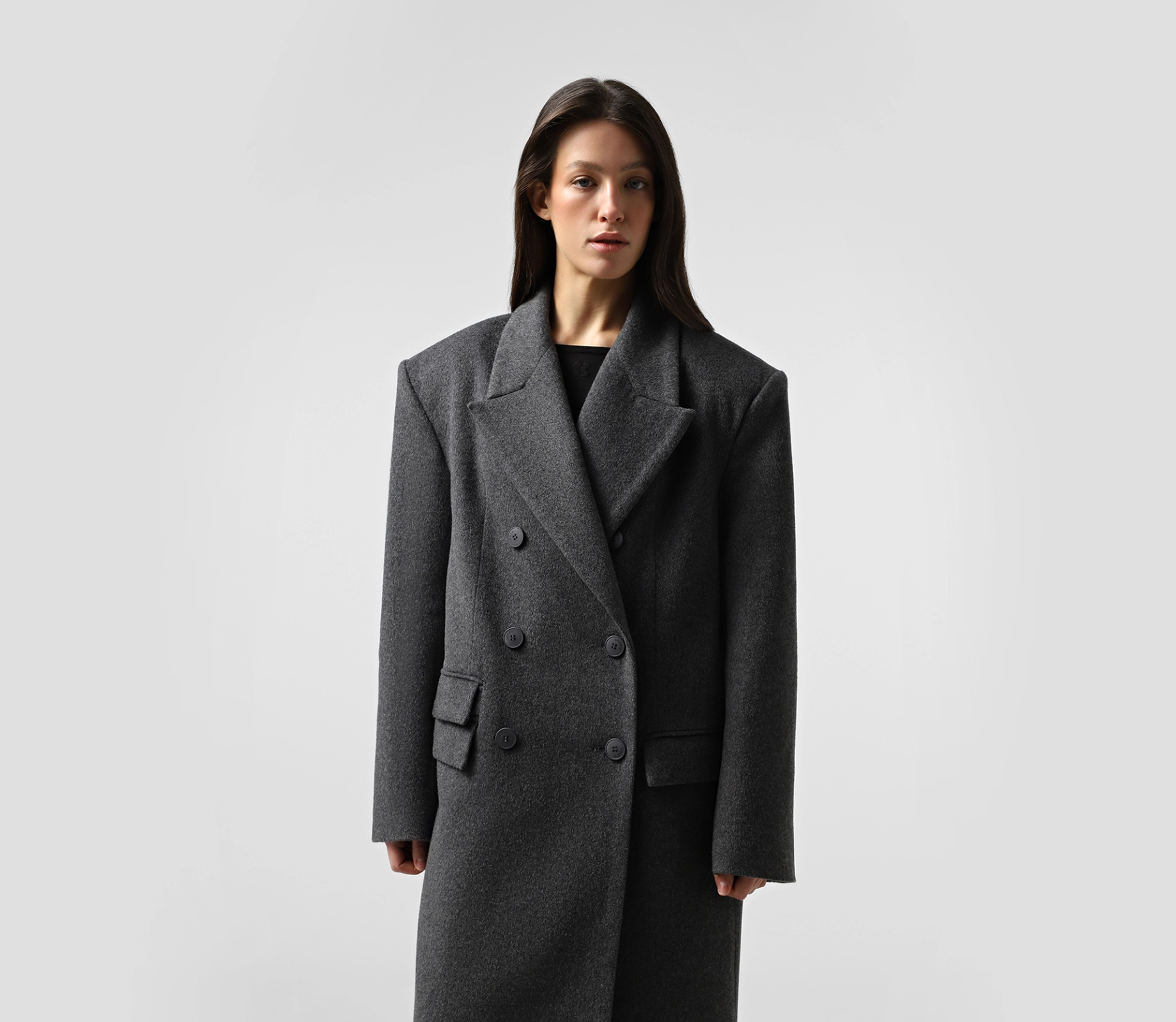 Пальто довге з подвійними клапанами сірий - фото №2 Пальто довге з подвійними клапанами сірий купити