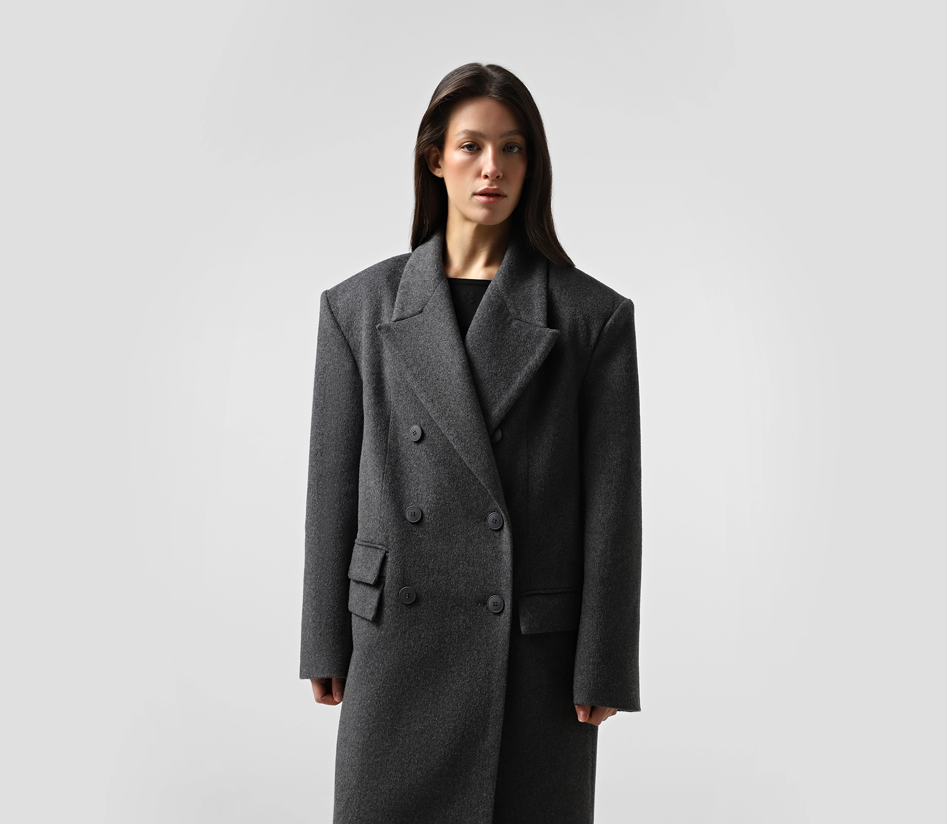 Пальто довге з подвійними клапанами сірий - фото №2 Пальто довге з подвійними клапанами сірий недорого