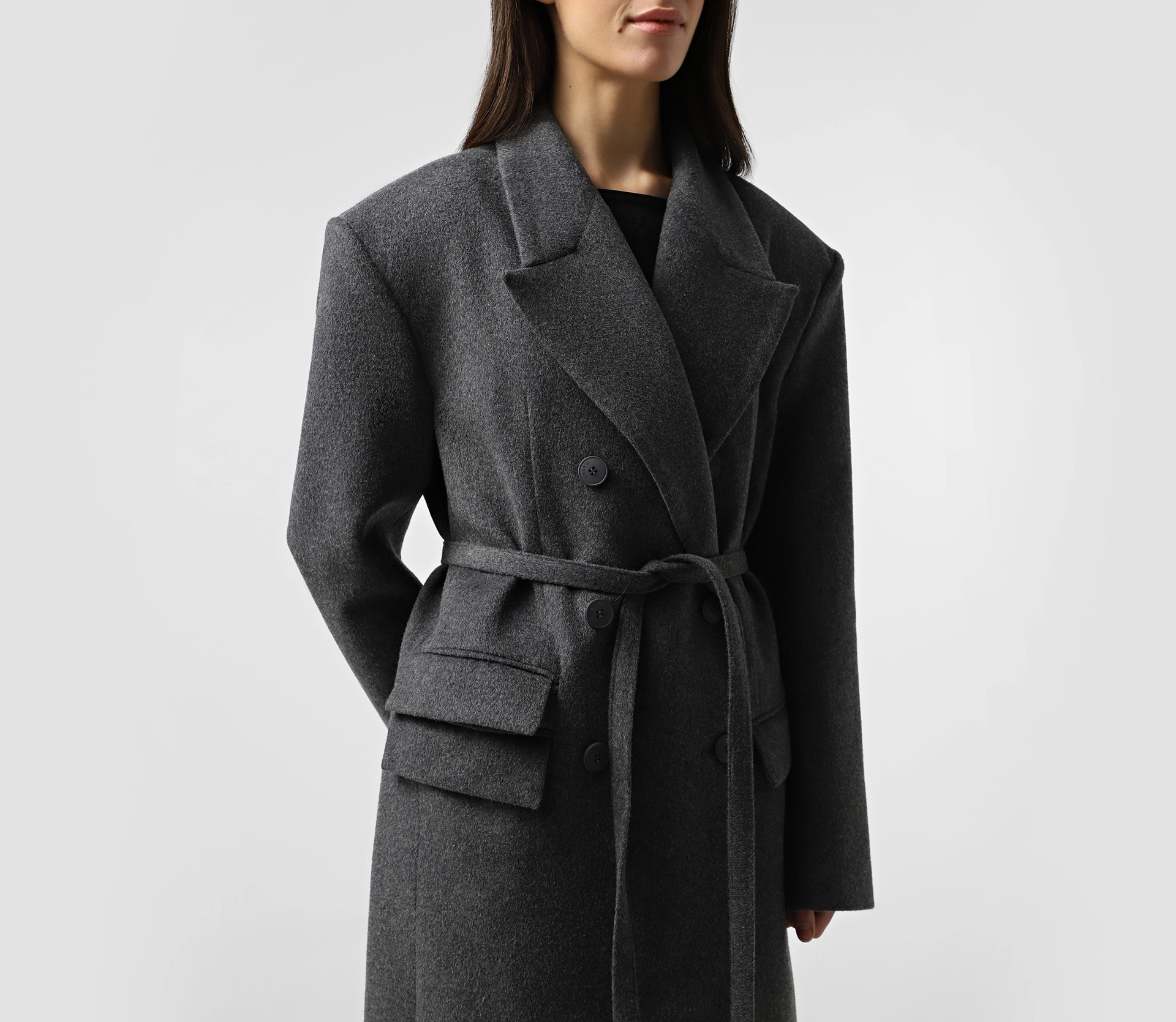 Пальто довге з подвійними клапанами сірий - фото №5 Пальто довге з подвійними клапанами сірий замовити