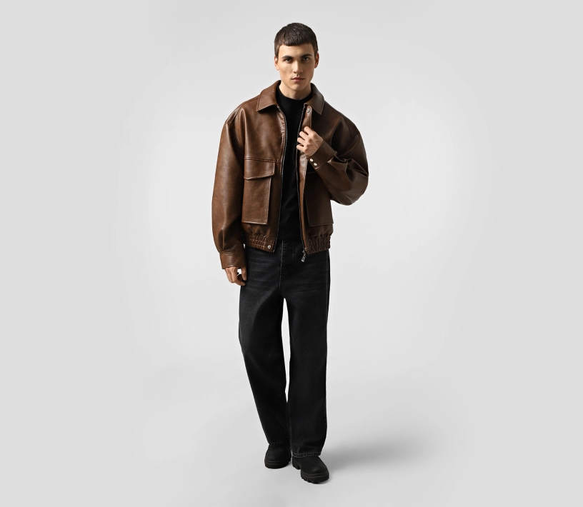 Бомбер чоловічий з екошкіри коричневий знижки