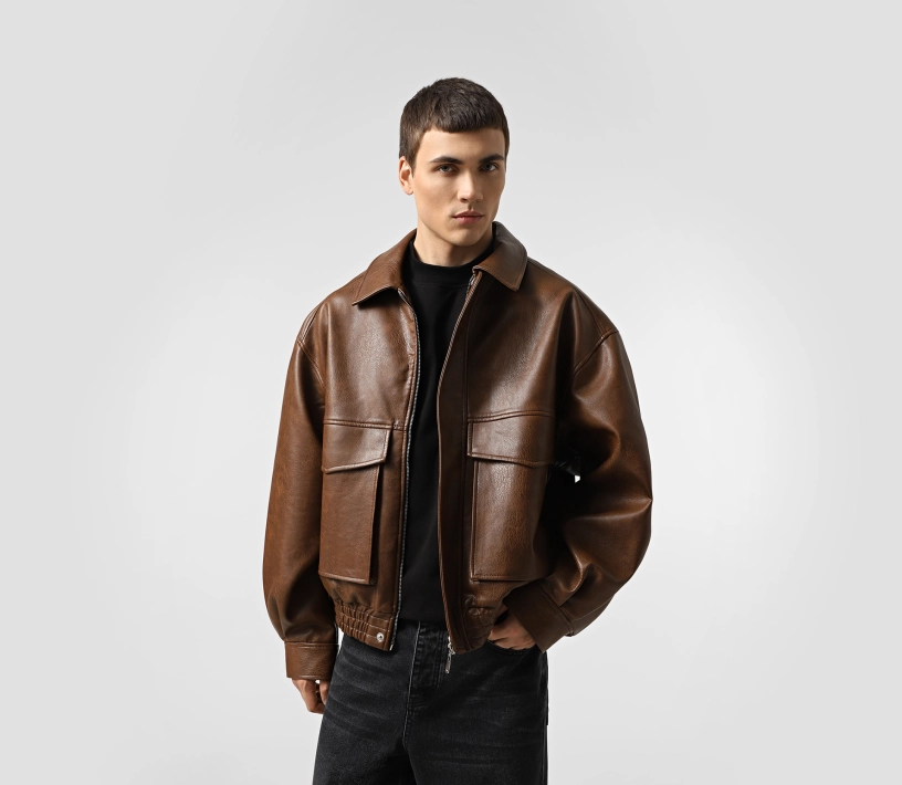 Бомбер чоловічий з екошкіри коричневий cher17