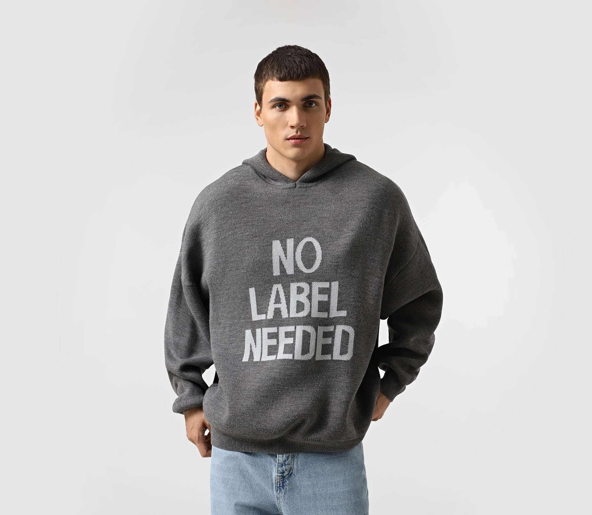 Худі в'язане чоловіче «NO LABEL NEEDED» сірий - фото №3 Худі в'язане чоловіче «NO LABEL NEEDED» сірий замовити