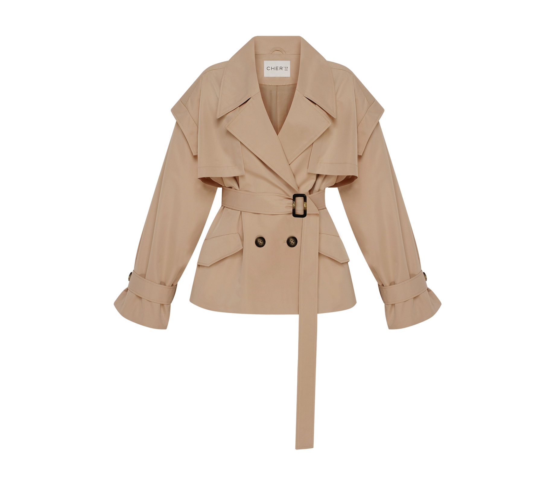 Тренч вкорочений з акцентними плечима темно-бежевий замовити