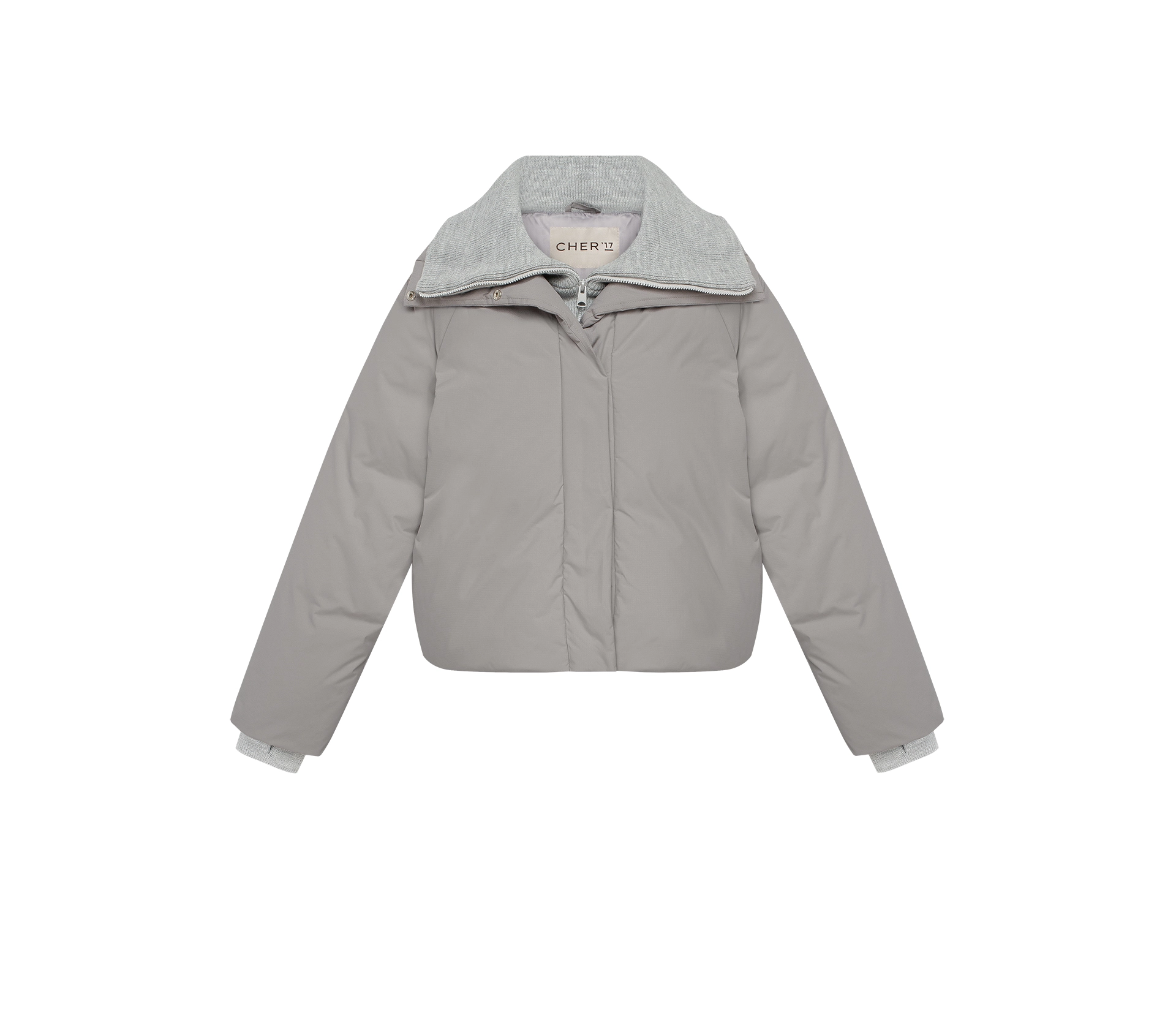 Пуховик вкорочений з довʼязом світло-сірий cher17