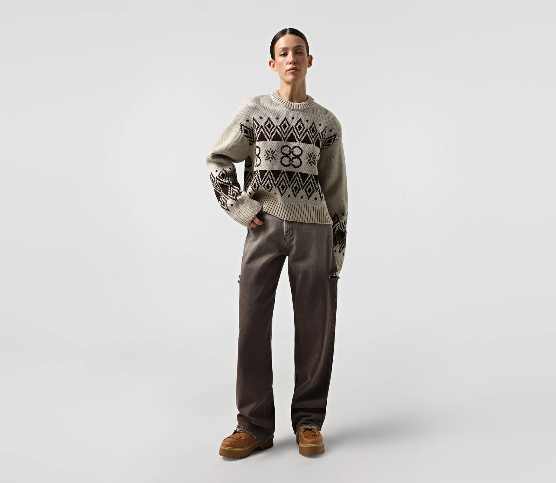 Світшот вʼязаний з орнаментом бежевий замовити