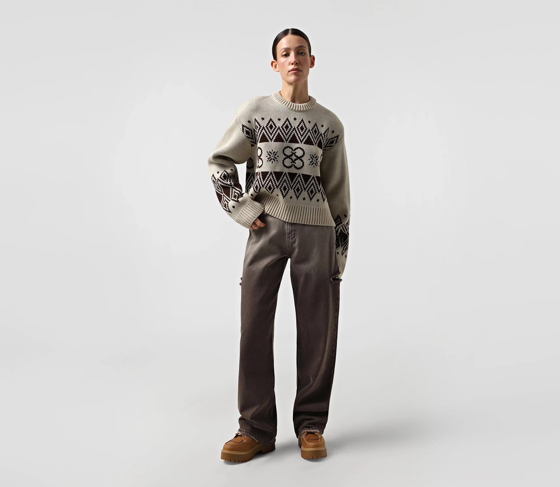 Світшот вʼязаний з орнаментом бежевий акції