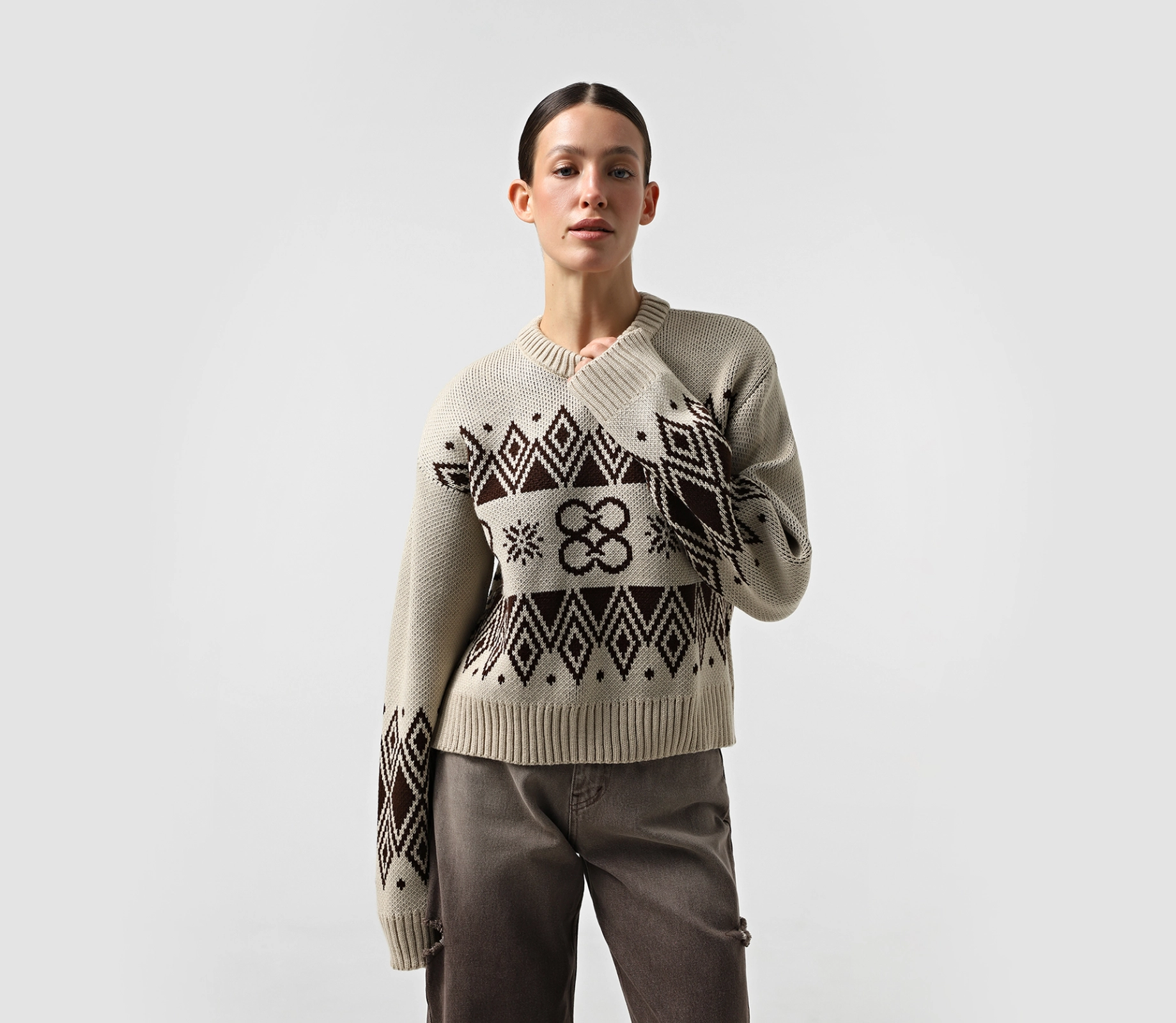 Світшот вʼязаний з орнаментом бежевий ціна