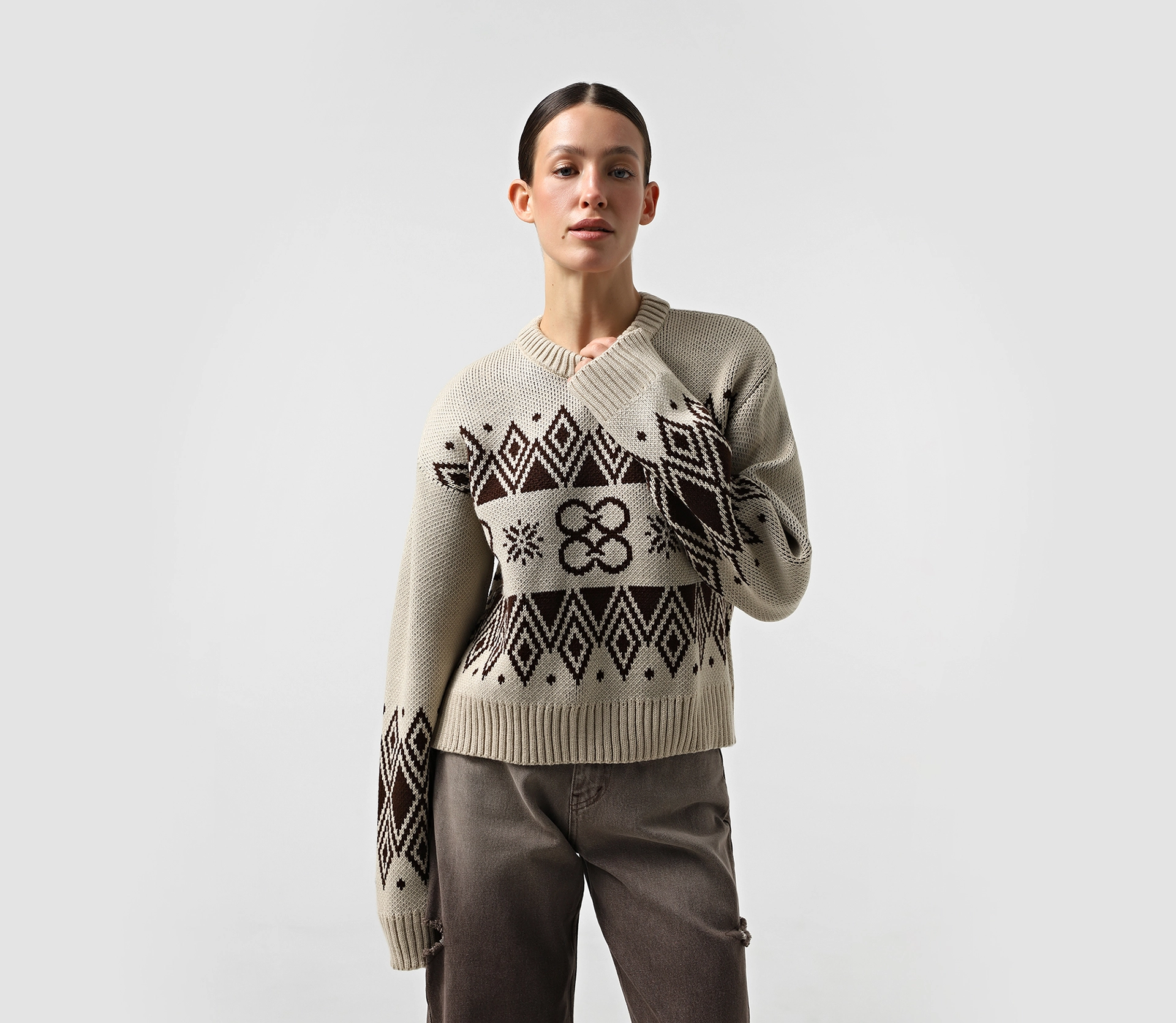 Світшот вʼязаний з орнаментом бежевий акції