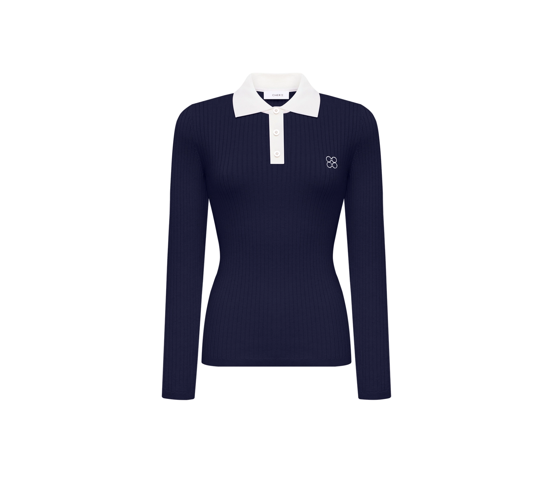 Лонгслів вʼязаний з контрастним коміром і лого темно-синій в Україні