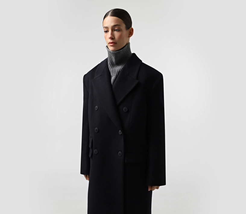 Пальто довге з подвійними клапанами чорний - фото №3 Пальто довге з подвійними клапанами чорний фото
