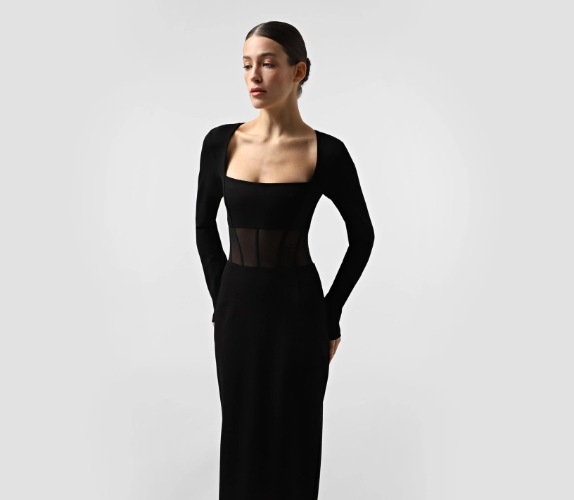 Сукня міді з корсетною вставкою чорний - фото №4 Сукня міді з корсетною вставкою чорний знижки