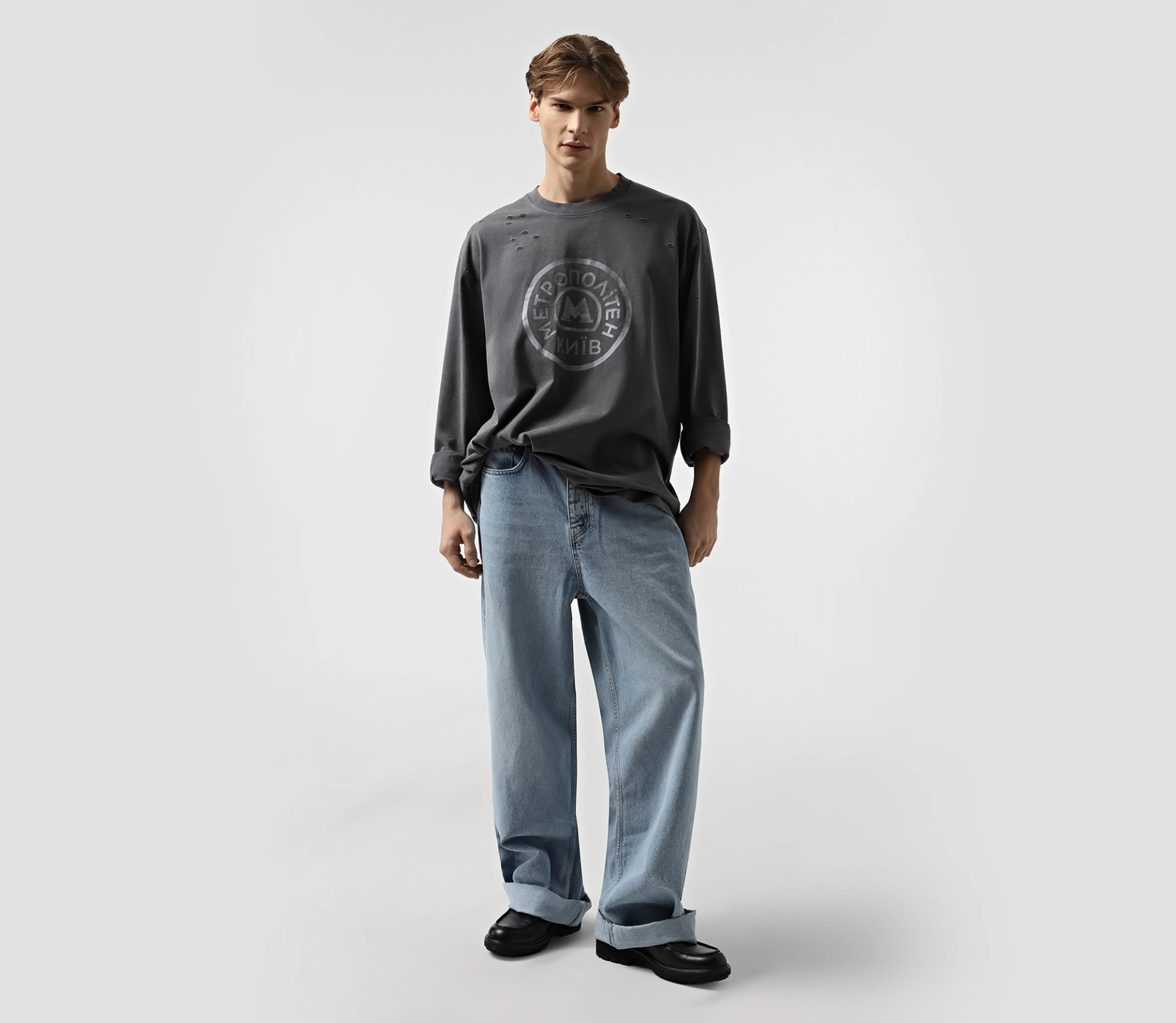 Лонгслів чоловічий варка з принтом сірий фото