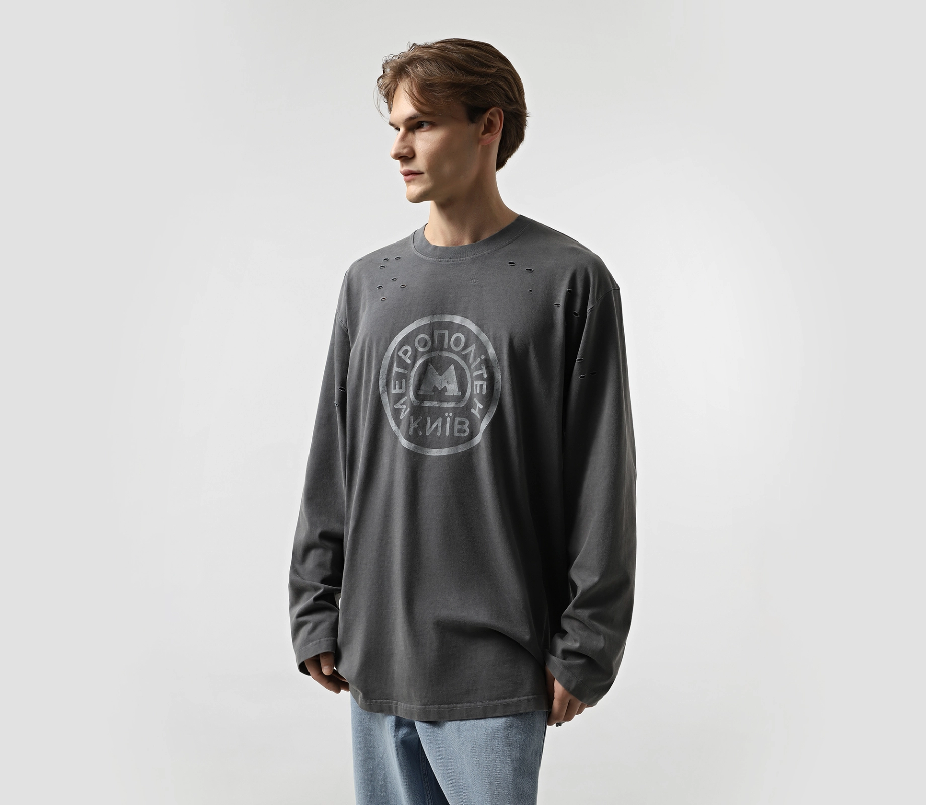Лонгслів чоловічий варка з принтом сірий cher17