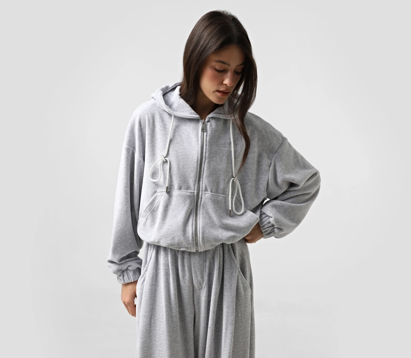 Костюм споривний кроп худі широкі штани сірий меланж ціна