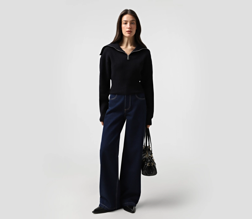 Джемпер кроп комір на блискавці синій купити