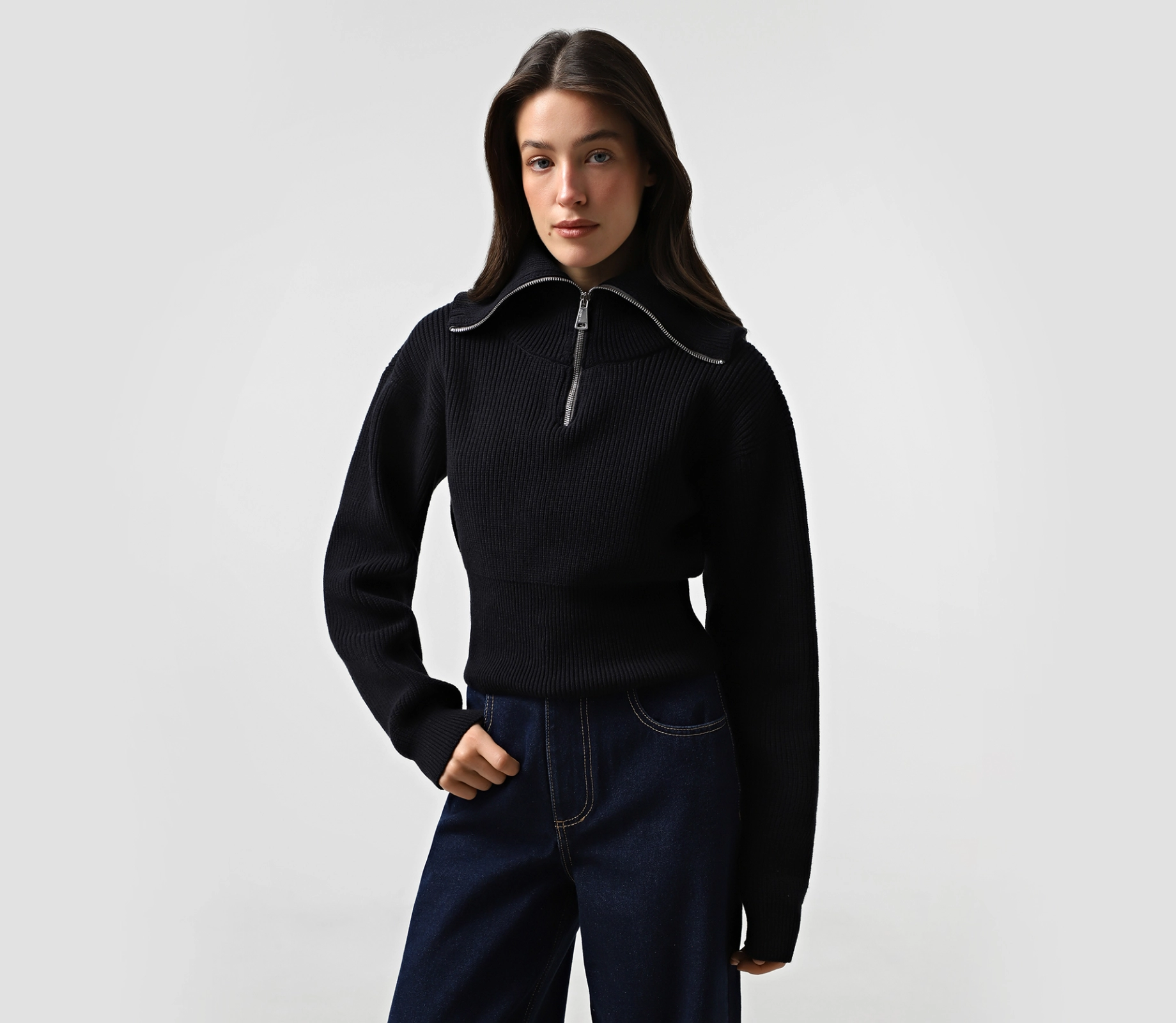 Джемпер кроп комір на блискавці синій ціна