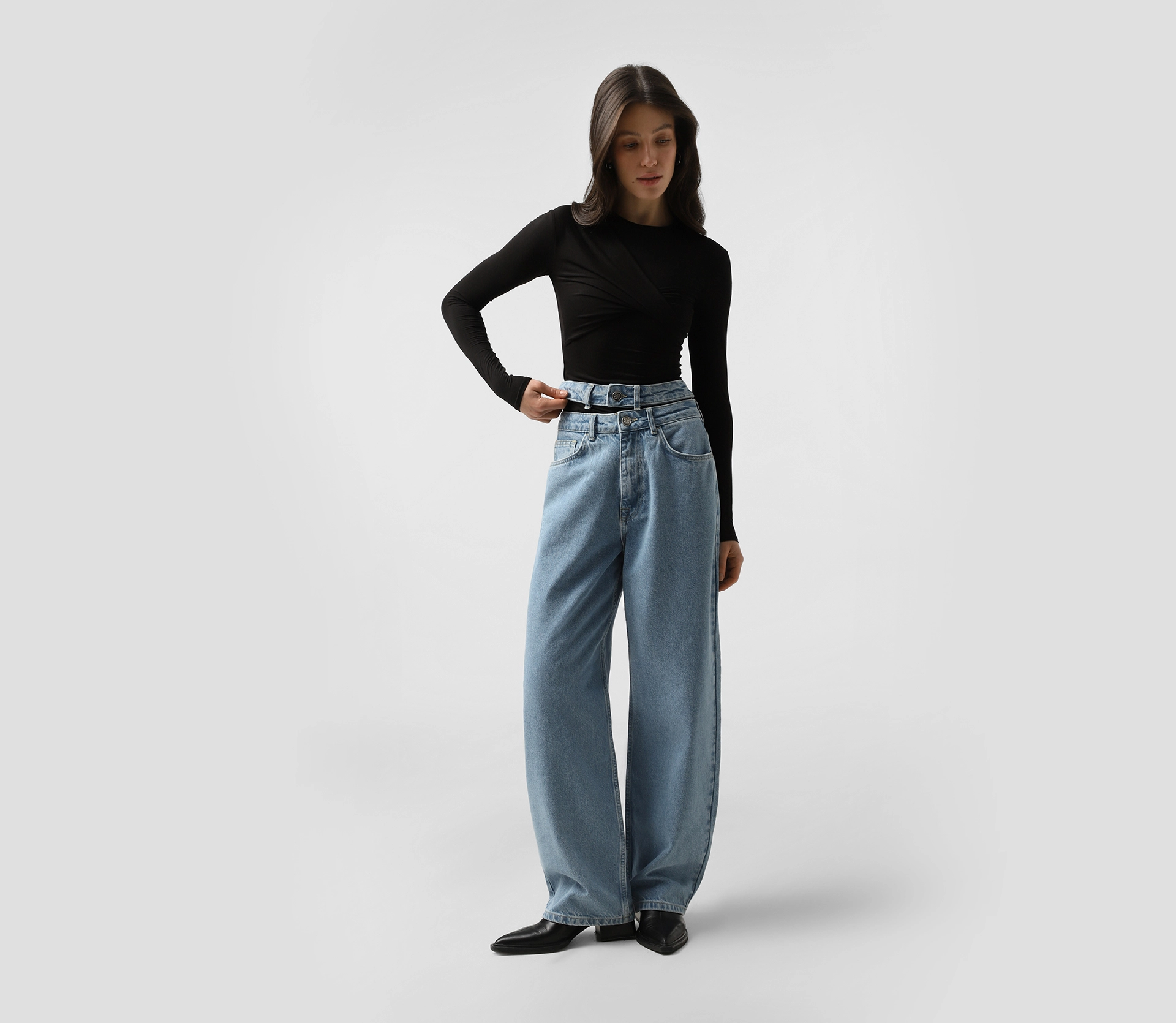 Джинси з подвійним поясом блакитний купити