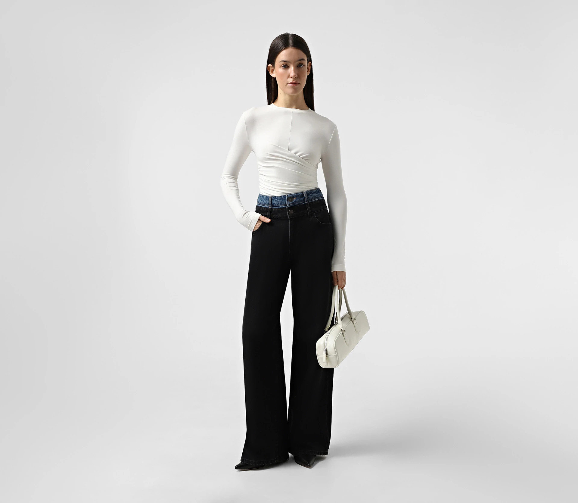 Джинси на високій посадці з подвійним поясом чорний - фото №4 Джинси на високій посадці з подвійним поясом чорний ціна