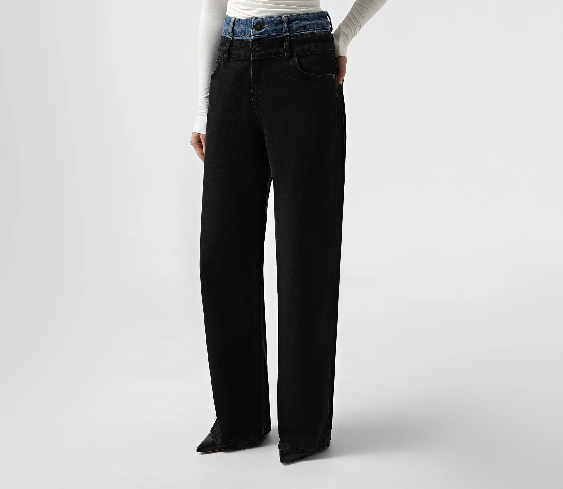 Джинси на високій посадці з подвійним поясом чорний - фото №1 Джинси на високій посадці з подвійним поясом чорний недорого