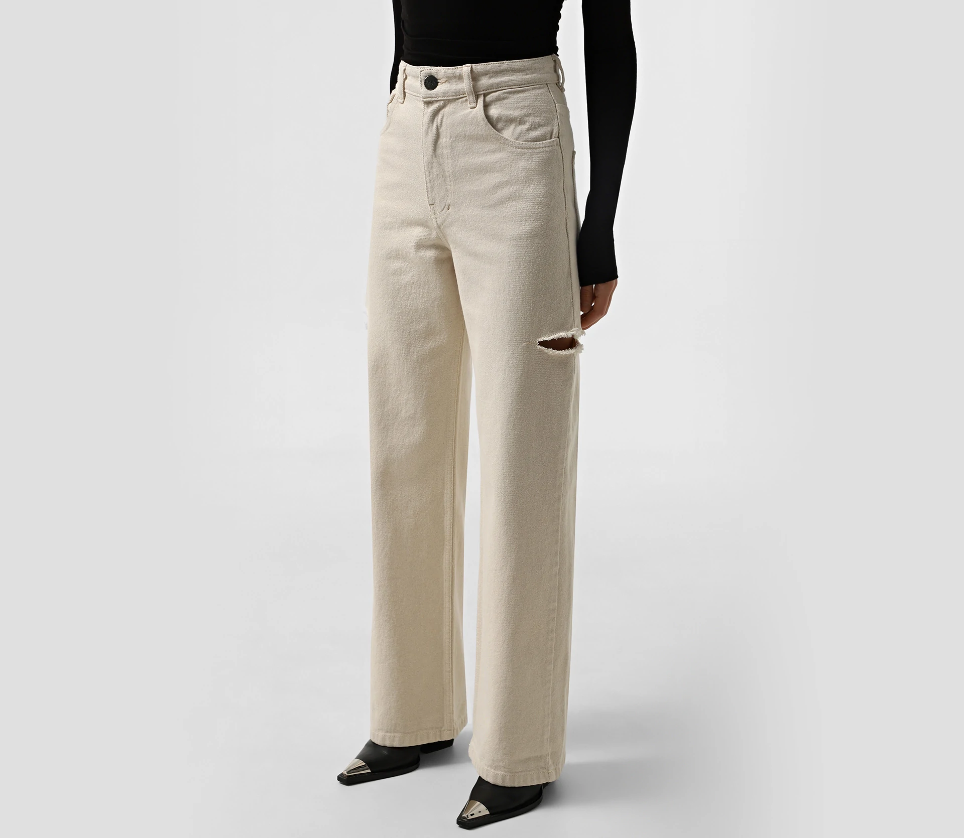 Джинси на високій посадці та розрізами по бокам бежевий - фото №3 Джинси на високій посадці та розрізами по бокам бежевий недорого