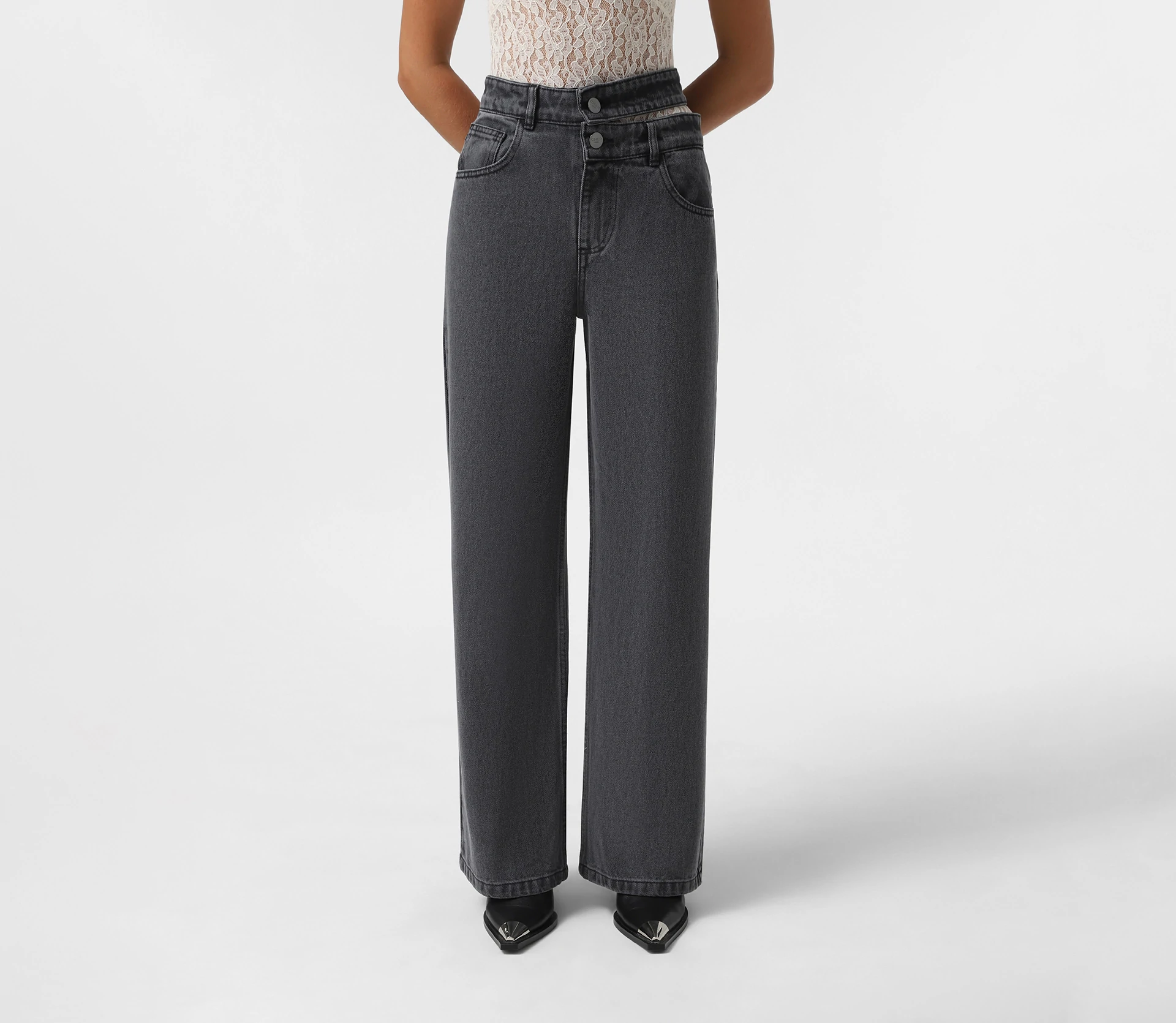 Джинси на високій посадці з подвійним поясом сірий - фото №2 Джинси на високій посадці з подвійним поясом сірий купити