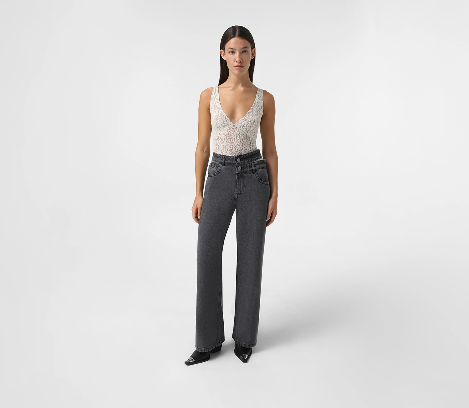 Джинси на високій посадці з подвійним поясом сірий - фото №3 Джинси на високій посадці з подвійним поясом сірий знижки