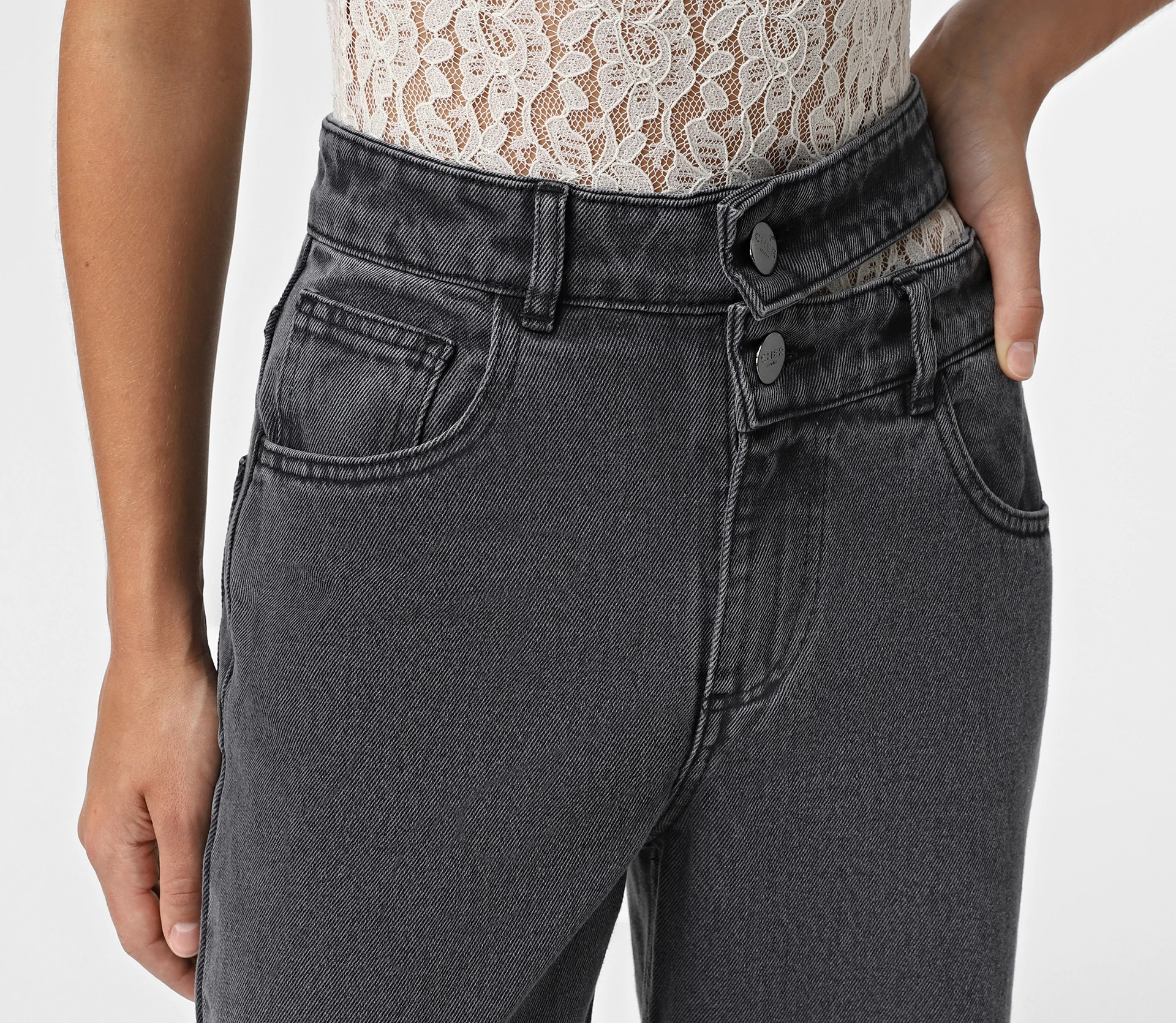 Джинси на високій посадці з подвійним поясом сірий - фото №4 Джинси на високій посадці з подвійним поясом сірий cher17