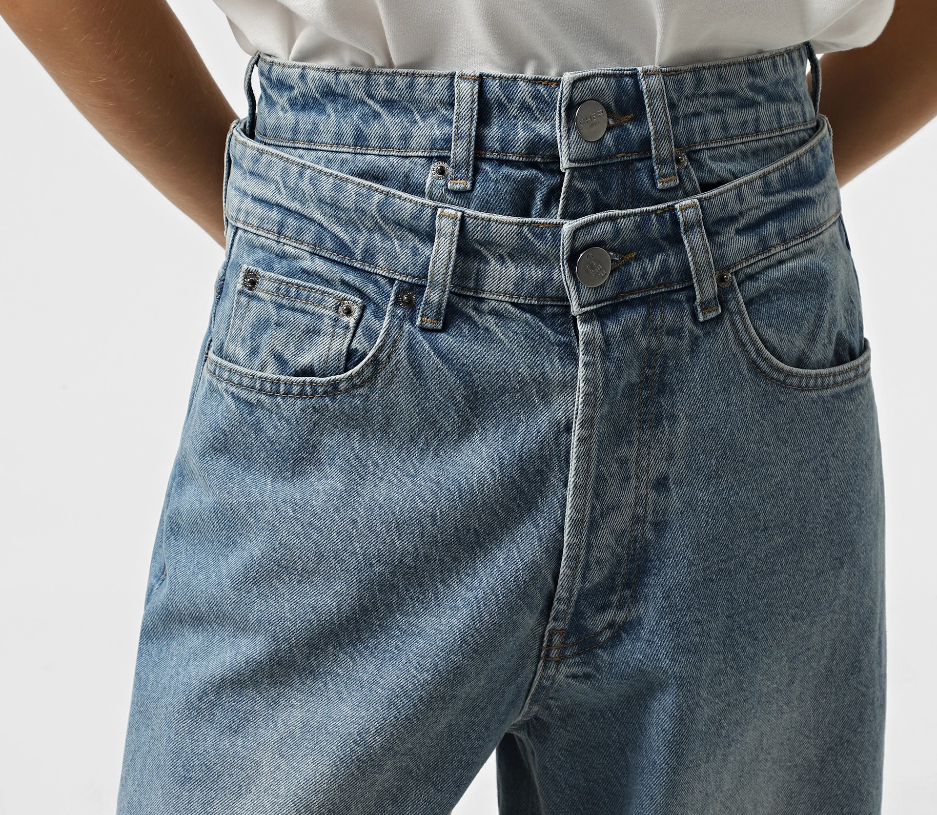 Джинси з подвійним поясом блакитний - фото №3 Джинси з подвійним поясом блакитний недорого