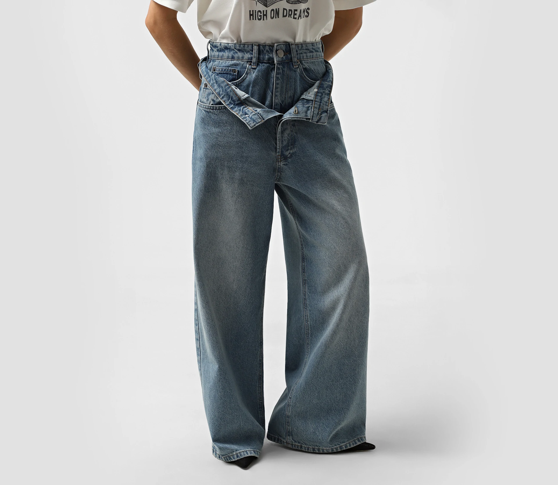 Джинси з подвійним поясом блакитний - фото №5 Джинси з подвійним поясом блакитний купити